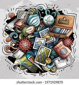 Traveling vector doodles illustration. New normal elements and objects cartoon background. Bright colors funny picture. All items are separated