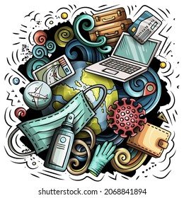Traveling vector doodles illustration. New normal elements and objects cartoon background. Bright colors funny picture. All items are separated