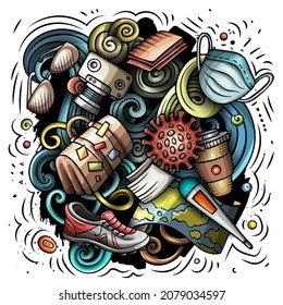 Traveling vector doodles illustration. New normal elements and objects cartoon background. Bright colors funny picture. All items are separated