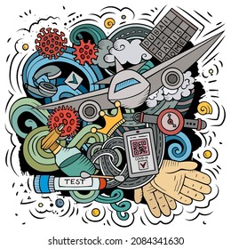 Traveling vector doodles illustration. New normal elements and objects cartoon background. Bright colors funny picture. All items are separated