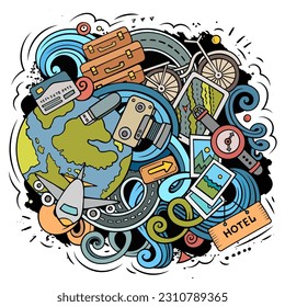 Traveling vector doodles illustration. Travel elements and objects cartoon background. Bright colors funny picture. All items are separated