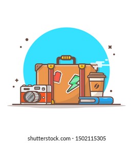 Traveling Vector Icon Illustration. Suitcase And Camera, Coffee , Book Icon Concept White Isolated. Flat Cartoon Style Suitable for Web Landing Page, Banner, Sticker, Background