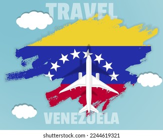 Traveling to Venezuela, top view passenger plane on Venezuela flag with clouds and weather, country tourism banner idea, vector design, brush splash
