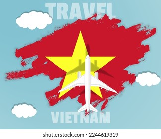 Traveling to Vietnam, top view passenger plane on Vietnam flag with clouds and weather, country tourism banner idea, vector design, brush splash