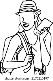 Traveling woman logo, Traveling girl logo, sketch drawing of traveling stylish girl with language and showing her passport