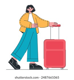 Traveling Woman with Suitcase, Stylish Female Tourist on Vacation, Adventure Journey, Urban Exploration, Leisure Travel, Modern Casual Outfit, Walking in City, Luggage, Summer Holiday illustration