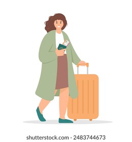 Traveling woman with suitcase. Traveler female character with luggage. Departing or arriving passenger. Vector illustrations isolated on white background.