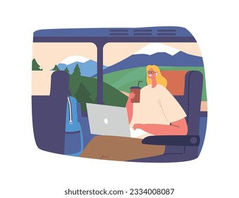 Traveling Woman Uses Her Laptop On A Bus, Multitasking And Making The Most Of Her Time While Commuting