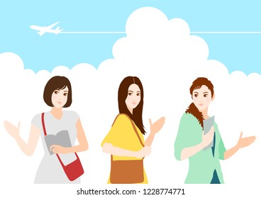 Traveling women.The airplane is flying above the clouds.