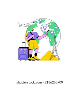 Traveling the world abstract concept vector illustration. Worldwide adventure, holiday trip, hitchhiking, travel blog, luggage bag, foreign country, plane departure, destination abstract metaphor.