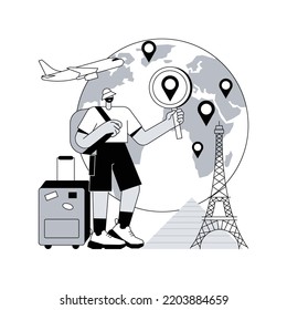 Traveling the world abstract concept vector illustration. Worldwide adventure, holiday trip, hitchhiking, travel blog, luggage bag, foreign country, plane departure, destination abstract metaphor.