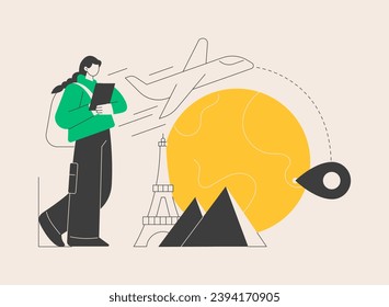 Traveling the world abstract concept vector illustration. Worldwide adventure, holiday trip, hitchhiking, travel blog, luggage bag, foreign country, plane departure, destination abstract metaphor.