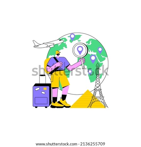 Traveling the world abstract concept vector illustration. Worldwide adventure, holiday trip, hitchhiking, travel blog, luggage bag, foreign country, plane departure, destination abstract metaphor.