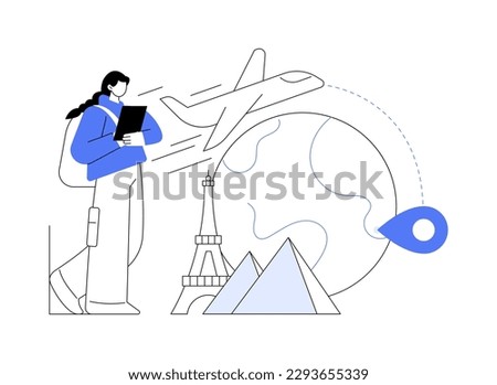 Traveling the world abstract concept vector illustration. Worldwide adventure, holiday trip, hitchhiking, travel blog, luggage bag, foreign country, plane departure, destination abstract metaphor.