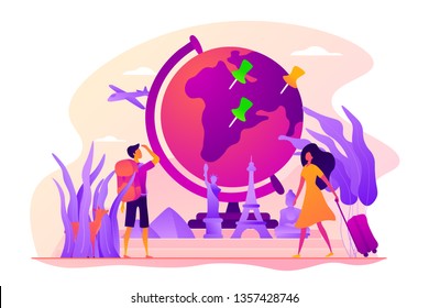 Traveling the world, worldwide adventure, around the world trip concept. Colorful vector isolated concept illustration with tiny people and floral organic elements. Hero image for website.