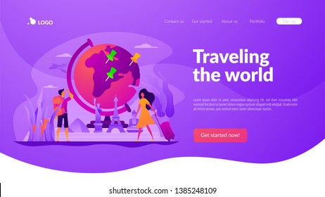 Viajando por el mundo, aventura mundial, alrededor del concepto de viaje mundial. Plantilla de interfaz de usuario del sitio web. Aterrizando página web con concepto infográfico concepto creativo imagen de encabezado de héroe.