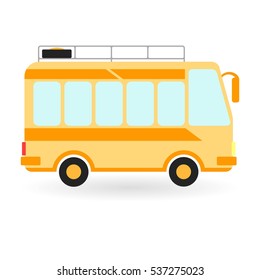 Traveling yellow bus with spare wheel. Vector illustration.