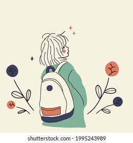 Traveling young girl with backpack summer outdoor concept with flower
