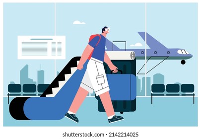 Traveling young man at the airport terminal with suitcase flat vector illustration. Travel and vacation, business trip concept. Male traveler at departure terminal
