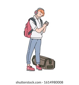 Traveling young man cartoon character with luggage waiting for train or airplane, sketch vector illustration isolated on white background. Tourism and transportation.
