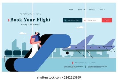 Traveling young woman at the airport terminal flat vector illustration. Travel and vacation, business trip concept. Female traveler at departure terminal
