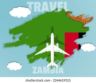Traveling to Zambia, top view passenger plane on Zambia flag with clouds and weather, country tourism banner idea, vector design, brush splash