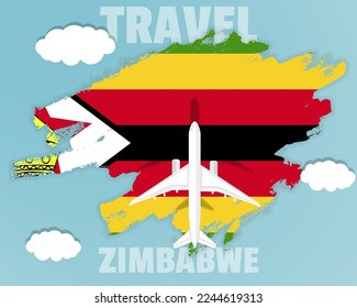 Traveling to Zimbabwe, top view passenger plane on Zimbabwe flag with clouds and weather, country tourism banner idea, vector design, brush splash