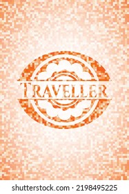 Traveller abstract emblem, orange mosaic background 