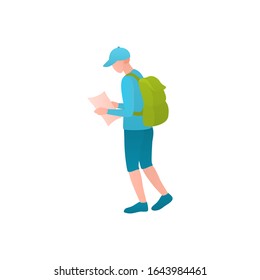 Traveller in the airport at vector illustration. A young boy in a cap and backpack on his shoulders walks to the deparating area at the airport before departure. Tourist man on an isolated background.
