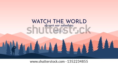 Traveller with backpack standing looking on valley. Concept of discovery, exploration, hiking, adventure tourism and travel.