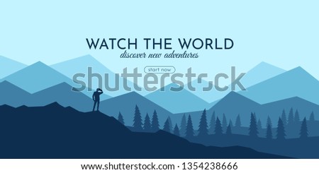 Traveller with backpack standing looking on valley. Concept of discovery, exploration, hiking, adventure tourism and travel.