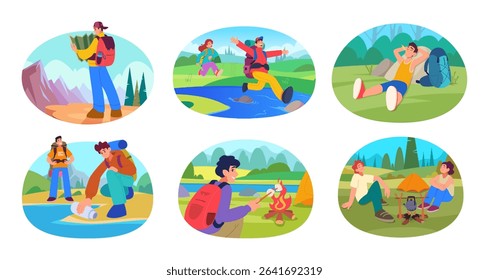 Traveller. Backpacker solo tourist outdoor vacation wild adventure exact vector hiking activity