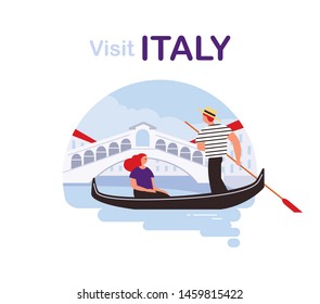 Traveller by landmarks. Woman sitting in gondola in Venice. Traveling around Italy.