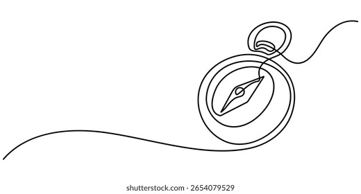 Brújula de viajero de diferente diseño. Un dibujo de línea continua de la brújula del viajero. Dibujo de brújula con trazo negro editable sobre fondo blanco. Antiguo símbolo de navegación y aventura en simple