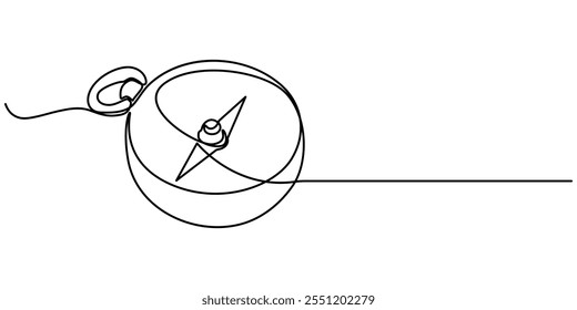 Viajante bússola de design diferente. Um único equipamento de desenho de linha para exploração e navegação, Um desenho de linha contínua de bússola viajante. Antigo símbolo de navegação e aventura em simples.