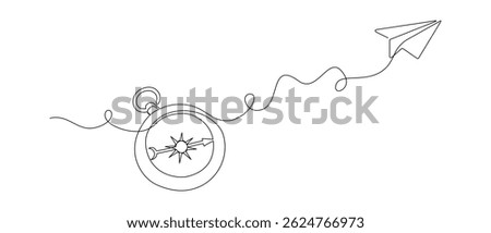 Traveller compass and paper plane in one continuous line drawing. Map guide and new adventure symbol in simple linear style. Business strategy concept in editable stroke. Doodle vector illustration