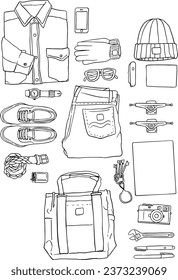 traveller equipment. illustration, line vector set 