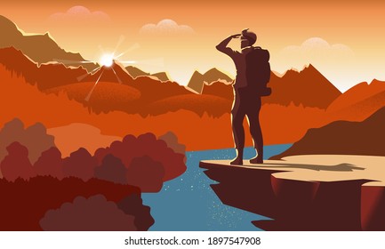 Traveller or explorer with backpack, standing on top of mountain or cliff and looking on valley. Vector illustration of adventure tourism and travel, discovery, exploration, hiking. 
