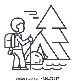 traveller in forest,tourist hiking, tent vector line icon, sign, illustration on background, editable strokes