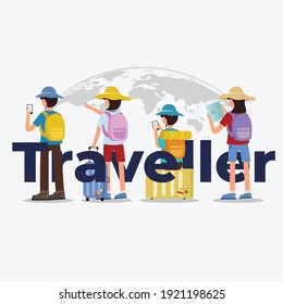 Traveller and friends vacation trip with world map