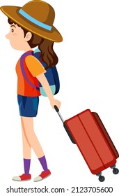 A traveller girl dragging luggage on white background illustration