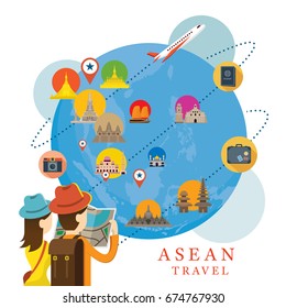 Traveller With Globe And Southeast Asia Map And Landmarks, ASEAN, Travel And Tourist Attraction 