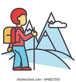 Traveller hiking in mountains concept. Line vector icon. Editable stroke. Flat linear illustration isolated on white background