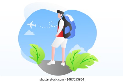Traveller illustration vector. A Man standing as a traveller with carrying a backpack