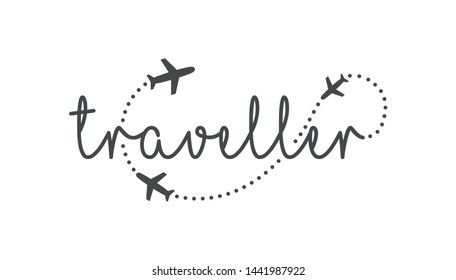 Traveller logo concept. Lettering traveler, with flying airplanes around the inscription. Flying plane along route, zigzag line. Airplane in the sky with text, vector template of sign.