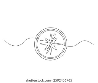 Traveller magnetic compass simple line art illustration. Continuous one line draw of navigation, guidance, geography compass.