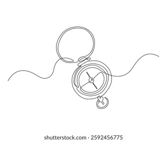 Traveller magnetic compass simple line art illustration. Continuous one line draw of navigation, guidance, geography compass.