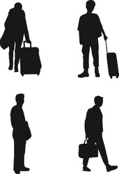 Traveller Man Silhouette Set. Silhouette Of Walking Man Tourist With Backpack And Suitcase.