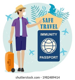 Traveller with negative PCR test for coronavirus. Tourist with luggage and immunity passport. Stamp- accepted on paper. New normal for trips, communication. Covid-19 prevention. Vector illustration