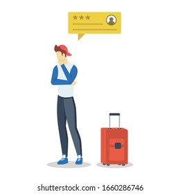 Traveller with neutral review bubble semi flat RGB color vector illustration. Consumer feedback. Client satisfaction. Quality evaluation. Satisfied customer. Isolated cartoon character on white